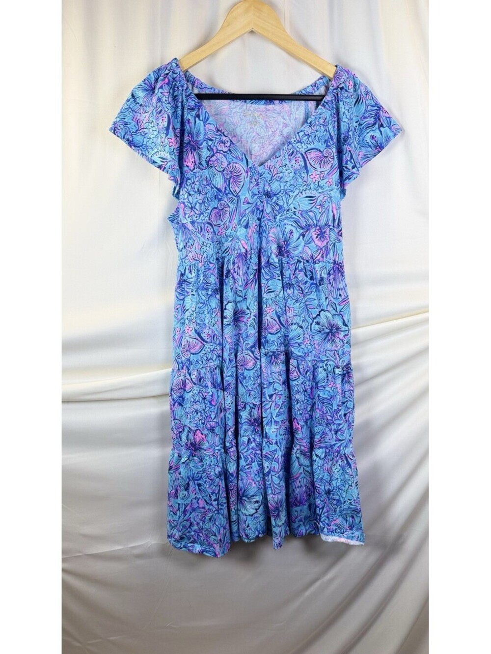 Lilly Pulitzer Kiawa Dress NWOT Blue Purple Shells Print Pockets Tiered Flowy M